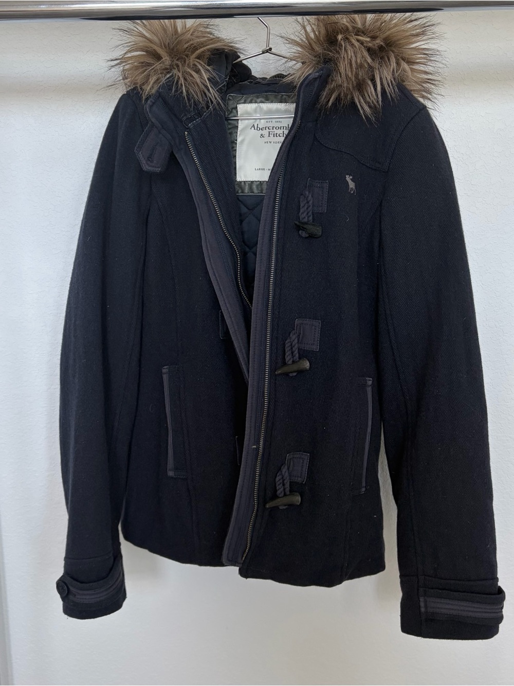 Abercrombie & Fitch Black Women’s Hooded Toggle Pea Coat with Faux Fur Trim